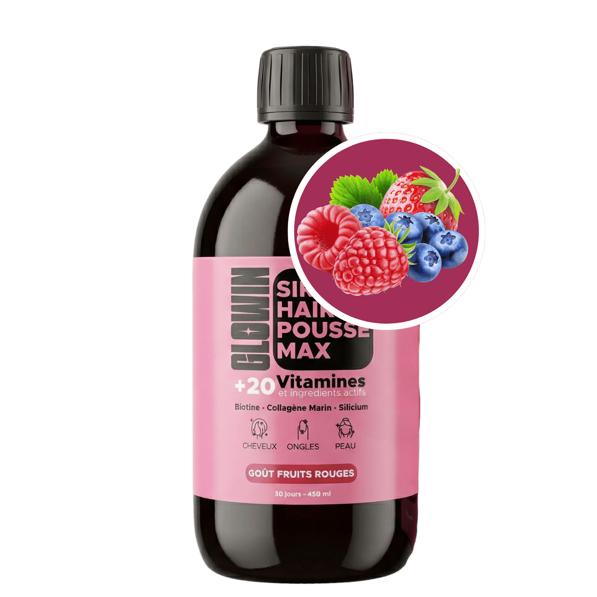 Flacon 450 ml de Sirop Hair Pousse Max goût fruits rouges, à la biotine et au collagène marin
