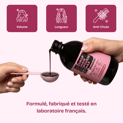 Sirop Hair Pousse Max Glowin versé dans une cuillère, cure capillaire liquide fabriquée en laboratoire français