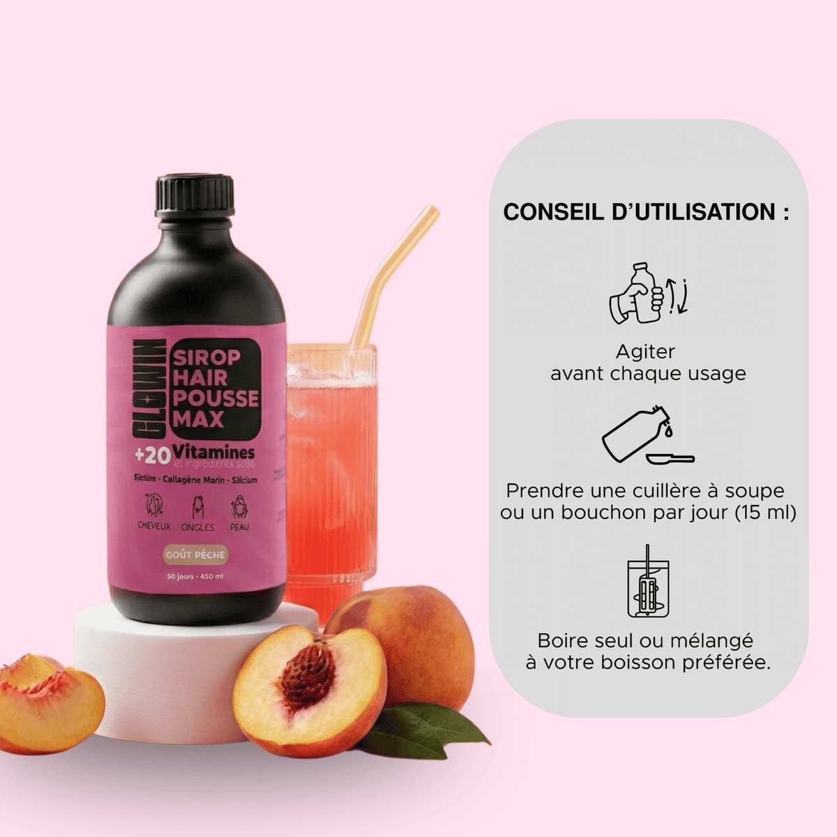 Conseil d'utilisation du Sirop Hair Pousse Max : une cuillère à soupe de 15 ml par jour