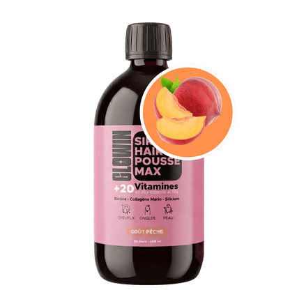 Flacon 450 ml de Sirop Hair Pousse Max goût pêche, complément capillaire liquide à la biotine